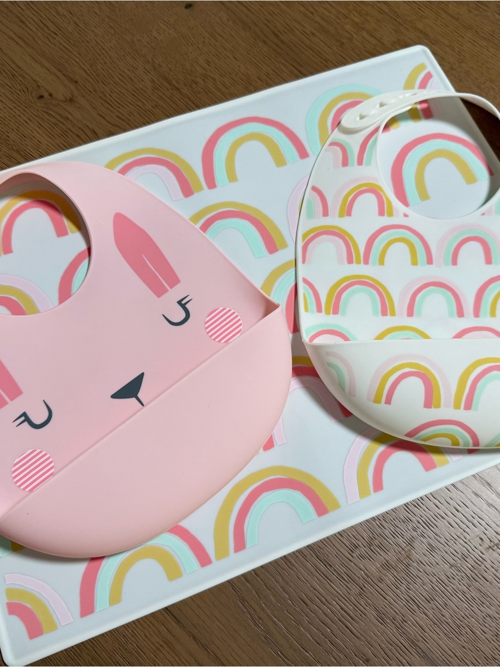 cloud island Pink & Cream Silicone Bibs with Rainbow Print